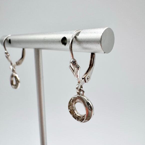 OTC 925 Diamond Wave Circle Dangle Leverback Earrings Dainty Bridal Wedding Tiny - Picture 3 of 13